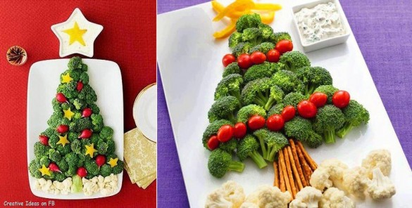 Christmas tree arrangement with broccoli, cauliflower, pepper and tomatoes on plate