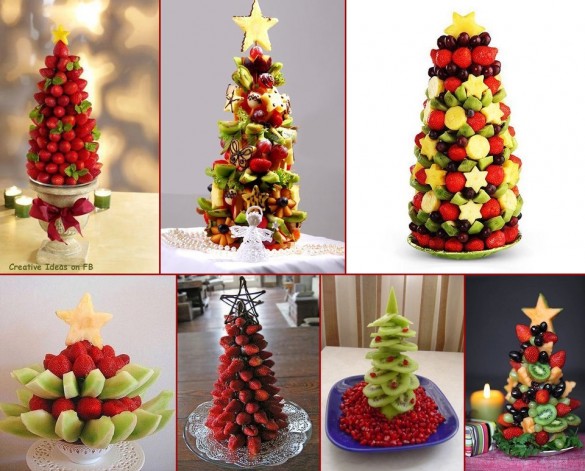 Fruits Christmas trees from strawberries, grapes, kiwi, melon