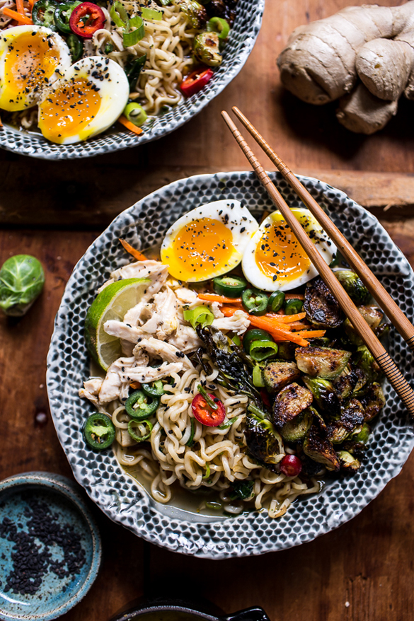 30 Minute Chicken Ramen with Miso Roasted Brussels Sprouts + Ginger Butter