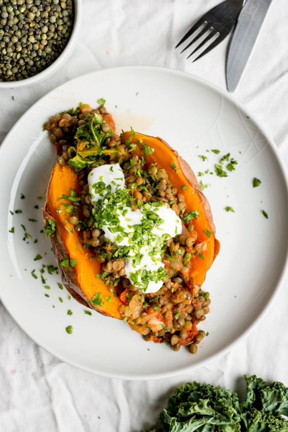Stuffed Sweet Potatoes with Lentils, Kale and Sun Dried Tomatoes