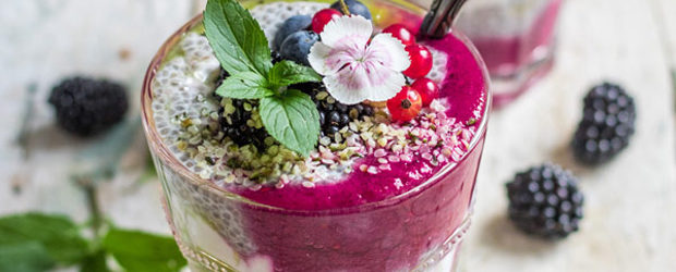 Layered chia pudding with mixed fruit puree