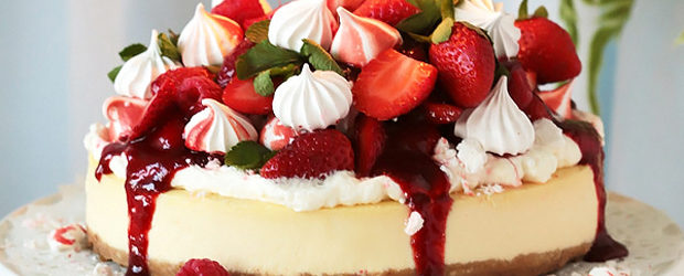 The Perfect Classic Cheesecake with Strawberry Meringue Topping