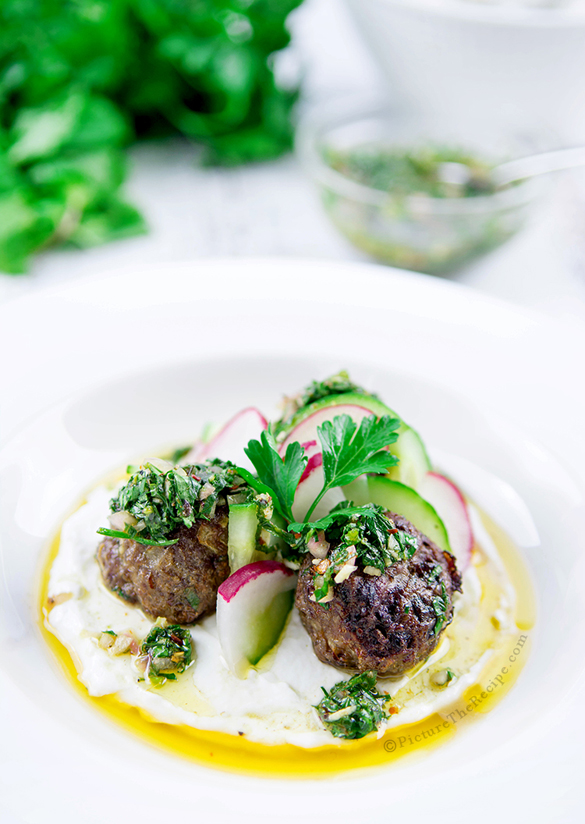 Greek Style Lamb Meatballs with Garlic Yogurt & Mint Chimichurri
