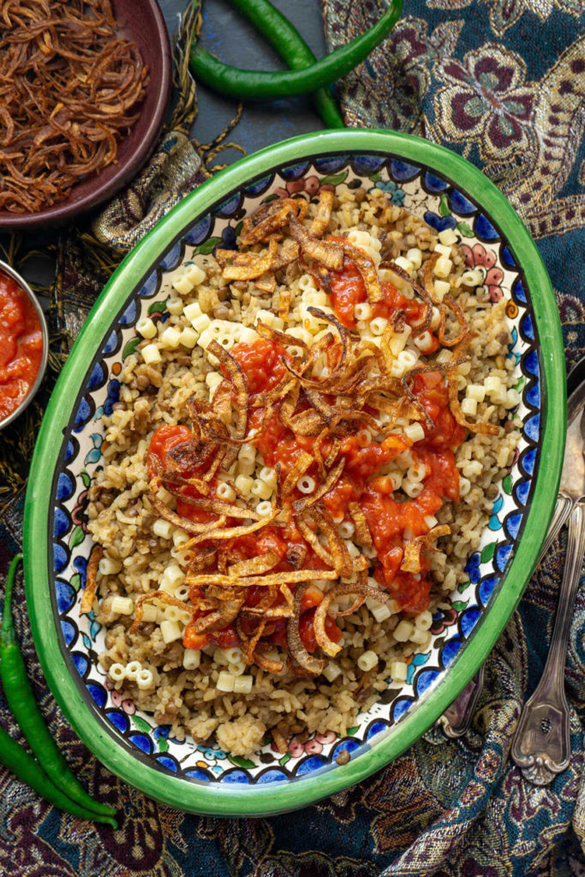 Kushari - Egyptian Rice, Lentils, and Pasta With Spicy Tomato Sauce