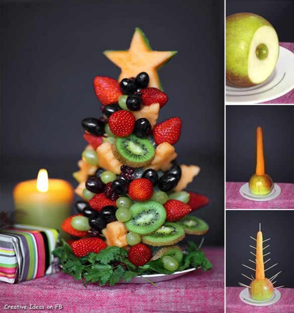 Kiwi, strawberry, grapes, melon, Christmas tree