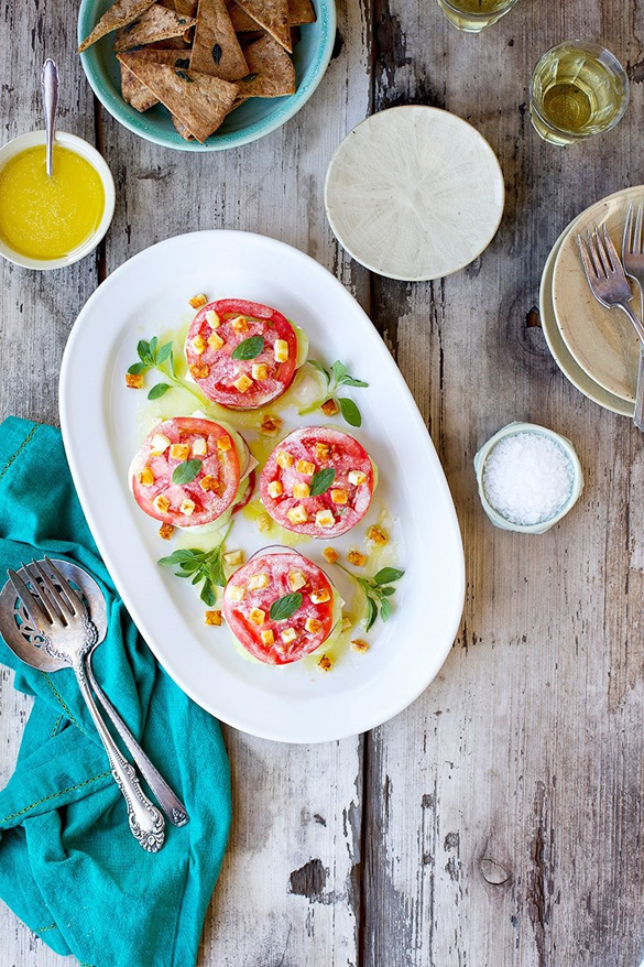 Stacked Greek Salad with Fried Halloumi Cheese and Feta Vinaigrette