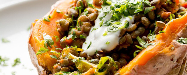 Stuffed Sweet Potatoes with Lentils, Kale and Sun Dried Tomatoes