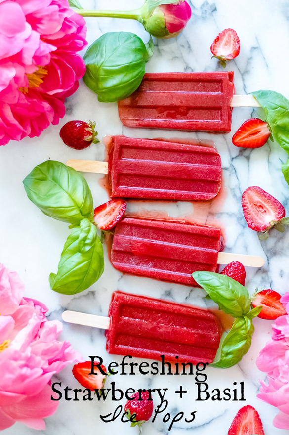 Refreshing Strawberry + Basil Ice Pops