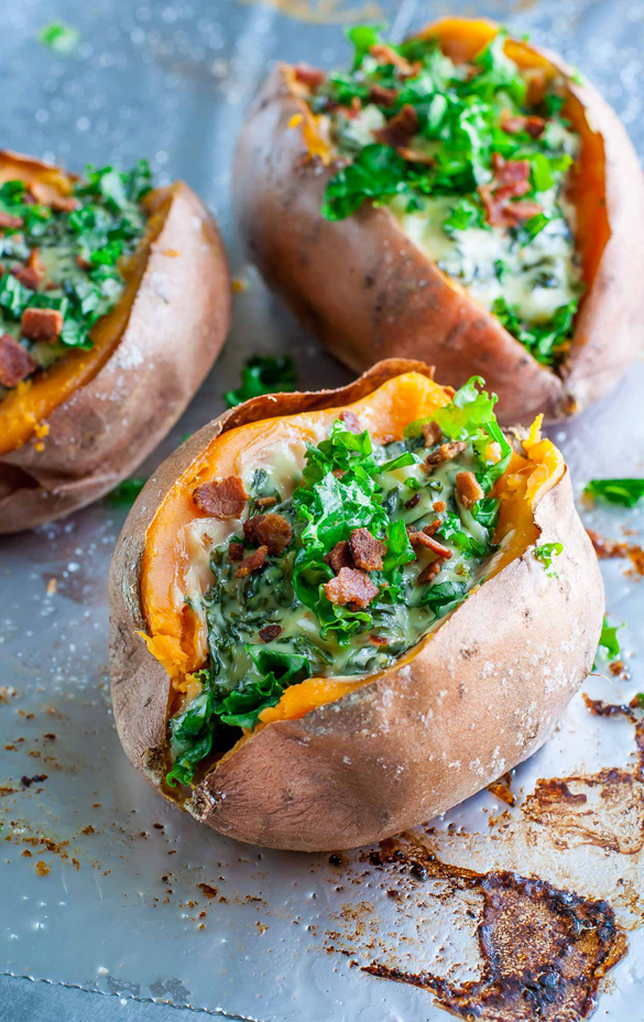 Cheesy Kale Stuffed Sweet Potatoes with Havarti and Garlic