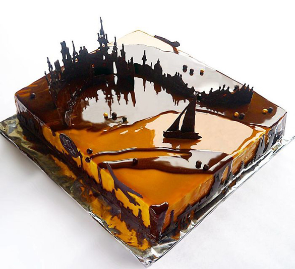 Chocolate worlds on the mirror glaze cakes by Marie Troïtskaia