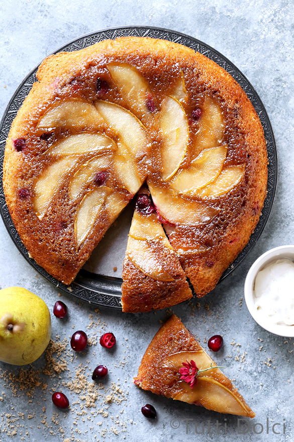 Pear cranberry upside-down cake
