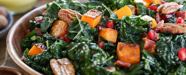 Roasted Butternut Squash Kale Salad with Pecans and Orange Vinaigrette