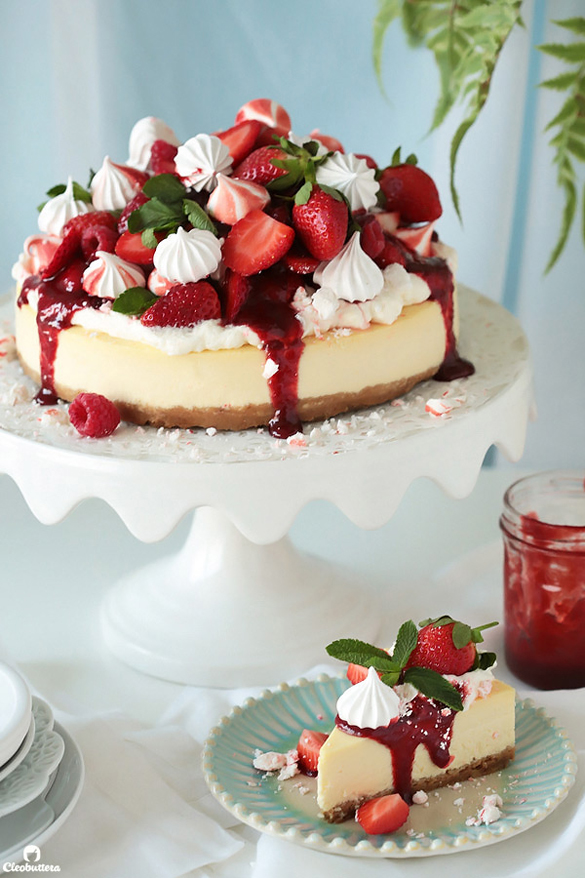 The Perfect Classic Cheesecake with Strawberry Meringue Topping