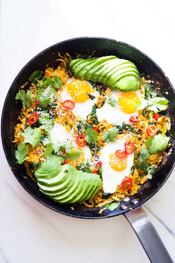 Sweet Potato Hash with Eggs and Spinach