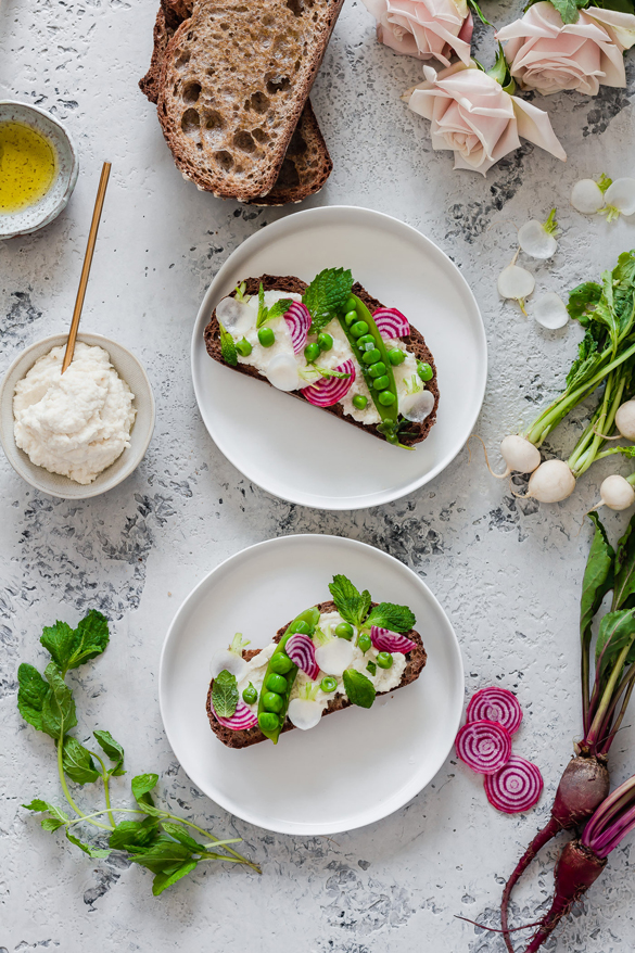 Spring Vegetable Crostini with Macadamia Nut Ricotta